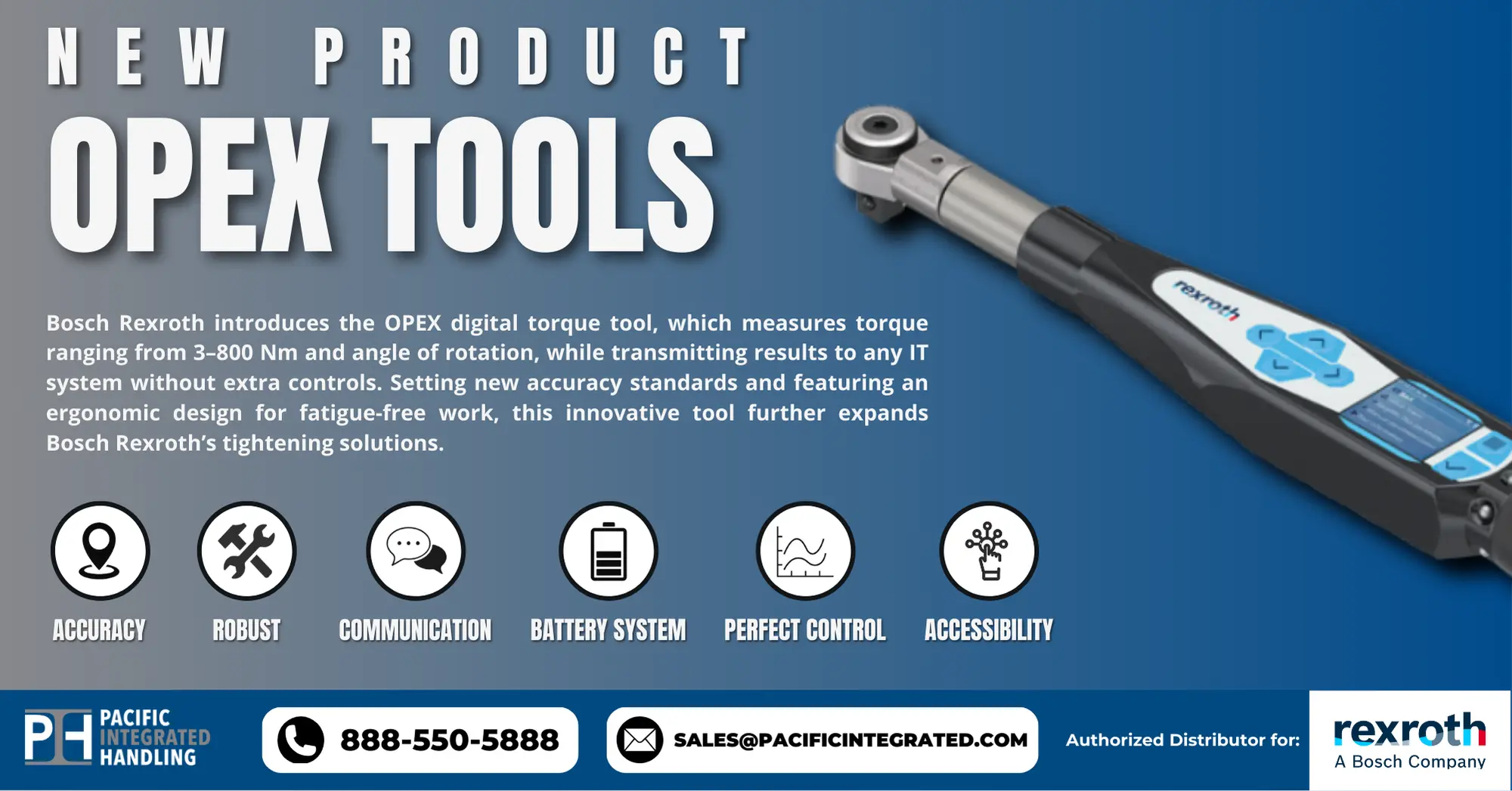 Bosch Rexroth OPEX digital torque tool showcasing torque measurement from 3–800 Nm.