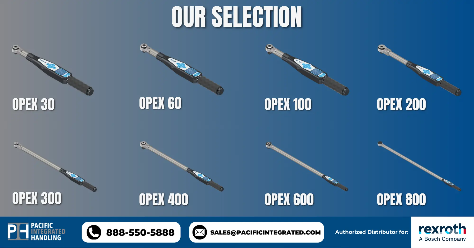 Lineup of Bosch Rexroth OPEX digital torque tools (OPEX 30 to OPEX 800) showcasing different torque ranges.